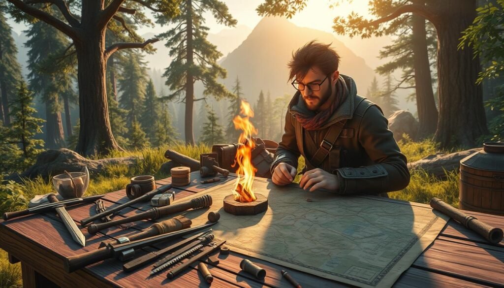 A vibrant and dynamic scene illustrating an expert hunter strategizing in a lush, fantasy woodland environment inspired by Monster Hunter. In the foreground, a focused hunter in professional-looking gear examines a detailed map spread out on a sturdy wooden table, surrounded by various crafted weapons and items that symbolize material gathering. In the middle, a radiant campfire flickers, casting warm light on the hunter's thoughtful expression. The background features towering trees and distant mountains shrouded in mist, enhancing the adventurous atmosphere. Soft, dappled sunlight filters through the foliage, creating an enchanting and immersive mood. The overall composition conveys a sense of strategy and determination, inviting viewers to explore effective tactics for maximizing monster drops.