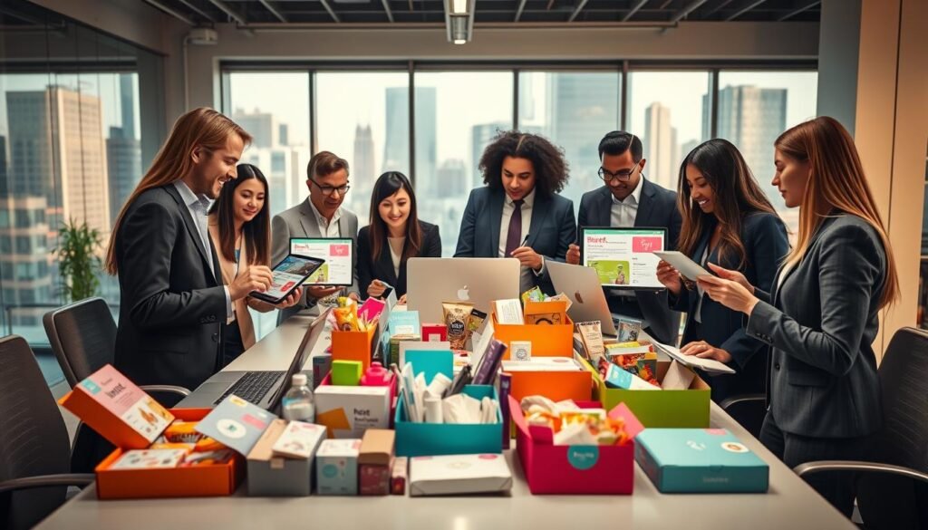 A visually appealing scene illustrating a vibrant, modern workspace dedicated to choosing the right subscription box. In the foreground, a diverse group of individuals dressed in professional business attire is gathered around a sleek table, actively discussing various subscription options displayed on their laptops and tablets. The middle ground features an array of colorful subscription boxes that have been opened, showcasing their contents, such as beauty products, snacks, and lifestyle items, giving a sense of variety. The background should include a large window with natural light streaming in, highlighting a cityscape view. The atmosphere is collaborative and innovative, reflecting a bright future in retail. Use soft, warm lighting to evoke a sense of excitement and possibility, while capturing the details with a slightly blurred depth of field.