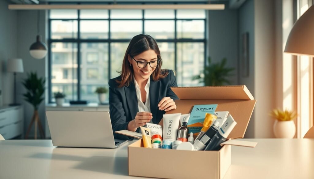 A visually engaging modern subscription box scene showcasing its advantages. In the foreground, a beautifully designed subscription box, opened to reveal an assortment of high-quality products tailored for various lifestyles, such as wellness, beauty, and tech gadgets. The mid-ground features a sleek, modern workspace with a professional individual, dressed in business attire, examining the box with a look of excitement and curiosity. In the background, a bright, airy room illuminated by natural light filtering through large windows, accented with minimalist decor. The atmosphere conveys innovation and convenience, reflecting the theme of technology in contemporary shopping experiences. The composition is shot from a slightly elevated angle to emphasize the box and its contents, capturing a sense of discovery and enjoyment.