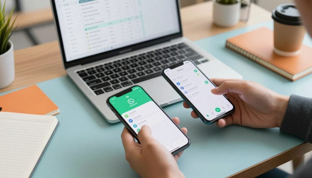 A colorful, professional workspace showcasing both an Android and an iPhone on a desk. In the foreground, a close-up of a smartphone screen displaying the WhatsApp chat backup interface, with visible icons for cloud backup. In the middle, a pair of hands, dressed in smart casual attire, navigating the backup settings on each phone. In the background, a laptop with a digital checklist about WhatsApp backup steps, surrounded by office supplies like a notebook and a coffee cup. Soft natural lighting illuminates the scene, creating a focused and informative atmosphere. The angle is slightly overhead, emphasizing the action of backing up chats and illustrating the importance of data preservation before changing phones.