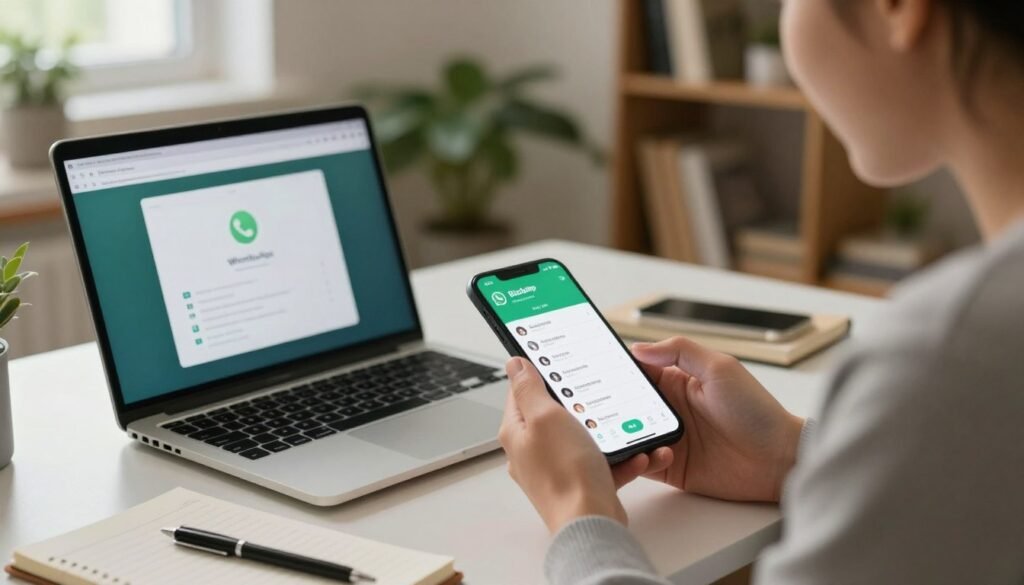 A cozy home office setup featuring a professional, modestly dressed individual sitting at a desk, focused on a smartphone screen showing the WhatsApp interface. The foreground includes a close-up of the phone displaying a chat backup menu. In the middle ground, a laptop is opened with a visible WhatsApp web interface on the screen, along with a notebook and pen scattered with tips and solutions. The background reveals a softly lit room with plants and a bookshelf, creating a warm, inviting atmosphere. The lighting is soft, emphasizing a productive mood, while utilizing a slightly blurred effect on the background to ensure the focus remains on the tech gadgets and the individual.