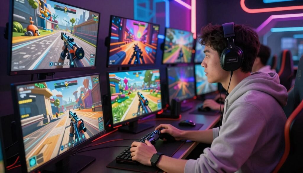 A dynamic gaming scene showcasing a vibrant montage of diverse gameplay trends for the upcoming quarter. In the foreground, a focused gamer in professional casual attire, eagerly immersed in action, with a game controller in hand. The middle ground features various split screens displaying different genres: intense first-person shooters, colorful platformers, and strategic simulations, each exhibiting unique art styles and mechanics. The background showcases abstract digital environments, illuminated with neon colors and geometric patterns, creating an immersive atmosphere. Soft, ambient lighting accents the gamer’s concentration, while dynamic shadows add depth to the scene. The overall mood is energetic and anticipatory, reflecting the excitement for new gaming experiences. The angle captures a high perspective, making the viewer feel as if they are part of the action.