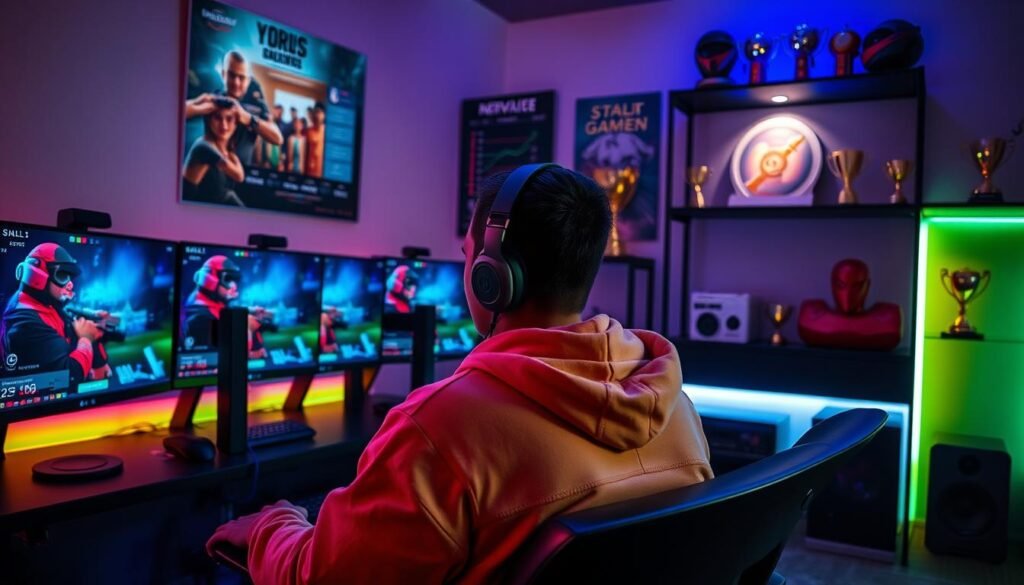 A focused gamer sits at a sleek gaming desk, featuring multiple monitors displaying vibrant in-game action. The room is illuminated by dynamic LED lighting, casting colorful reflections on the walls. In the foreground, the gamer, dressed in a comfortable gaming hoodie and headset, intensely concentrates on the gameplay. The middle ground shows a motivational poster on the wall with a skill progression chart, emphasizing growth from novice to expert. In the background, shelves filled with gaming trophies and merchandise enhance the atmosphere of dedication and achievement. The scene captures a sense of determination and focus, highlighting the effective training environment for aspiring pro gamers. The lighting is soft yet dynamic, creating an immersive ambiance that inspires productivity and skill development.