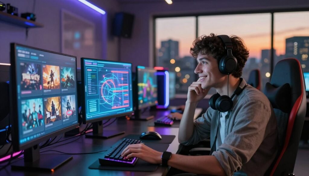 A futuristic gaming room filled with high-tech gaming gear and holographic screens displaying various upcoming video game titles. In the foreground, a friendly gamer in professional casual attire analyzes a digital chart predicting the success of these games, with a thoughtful expression. The middle ground features sleek gaming consoles and colorful LED lights illuminating the space, creating an inviting atmosphere. In the background, large windows reveal a city skyline at dusk, with a warm glow from street lights. Soft, focused lighting enhances the room's ambiance, while a shallow depth of field emphasizes the gamer and the digital screens. The overall mood is one of anticipation and excitement for the future of gaming choices.
