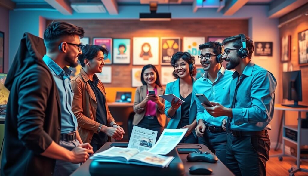 A vibrant digital artwork showcasing the concept of community health support within the gaming culture. In the foreground, a diverse group of gamers, dressed in smart casual attire, are engaged in an animated discussion, sharing ideas about positive mental and physical health practices. In the middle ground, elements like gaming equipment, health pamphlets, and community posters create a backdrop that symbolizes a supportive environment. The background features a cozy gaming lounge with warm lighting, enhancing a sense of community and collaboration. The overall atmosphere reflects positivity, motivation, and inclusivity, inspiring gamers to level up their skills while prioritizing health and community connections. Use soft, inviting colors to evoke friendliness and warmth.